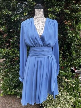 Angela Merle Milano Blue Chiffon Long Puff Sleeves Mock Wrap Dress M